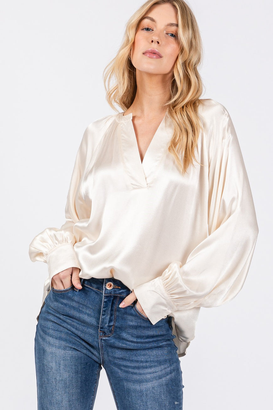 SAGE + FIG Notched Long Sleeve Blouse - TopFashionHQ