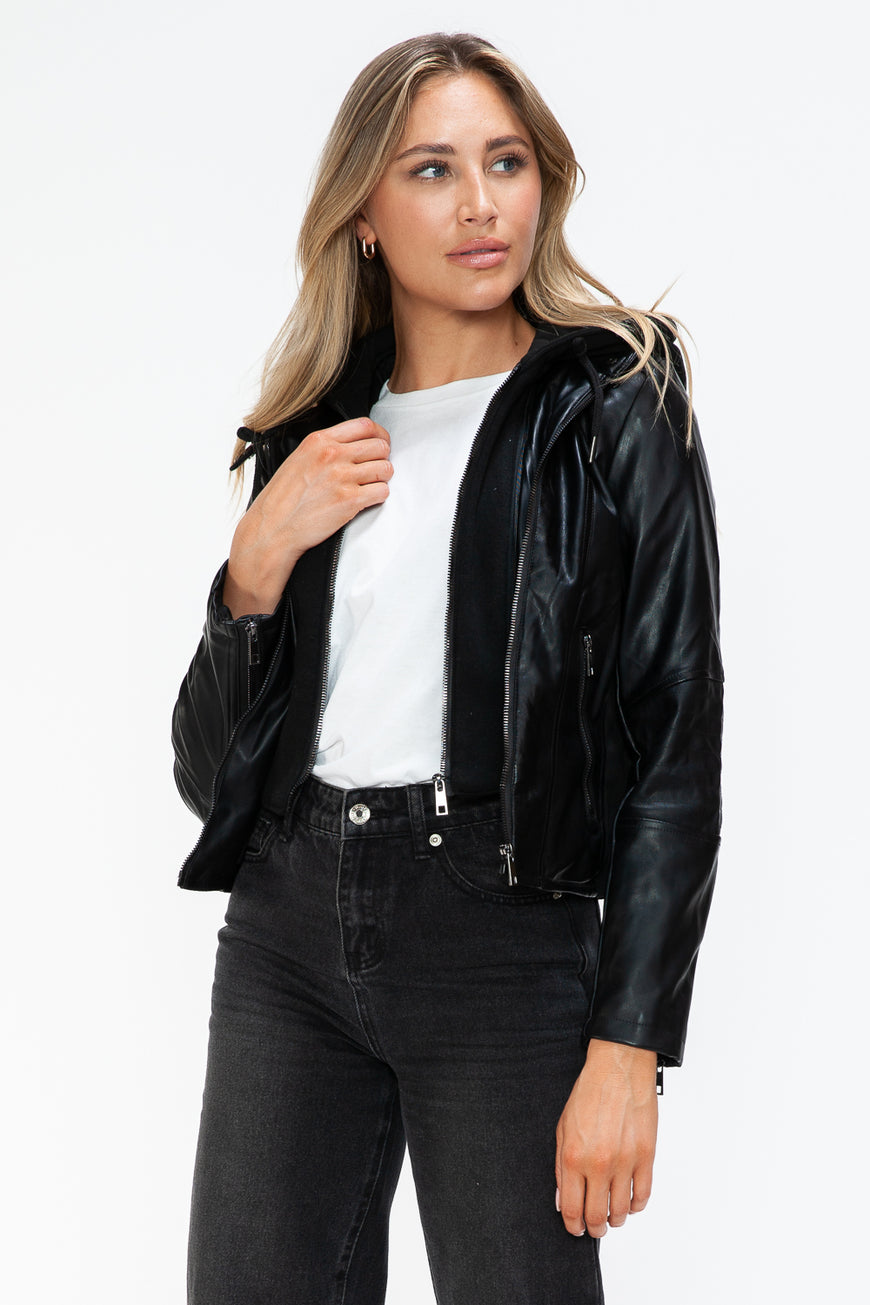 Snobbish Faux Leather Zip Up Drawstring Hooded Jacket - TopFashionHQ