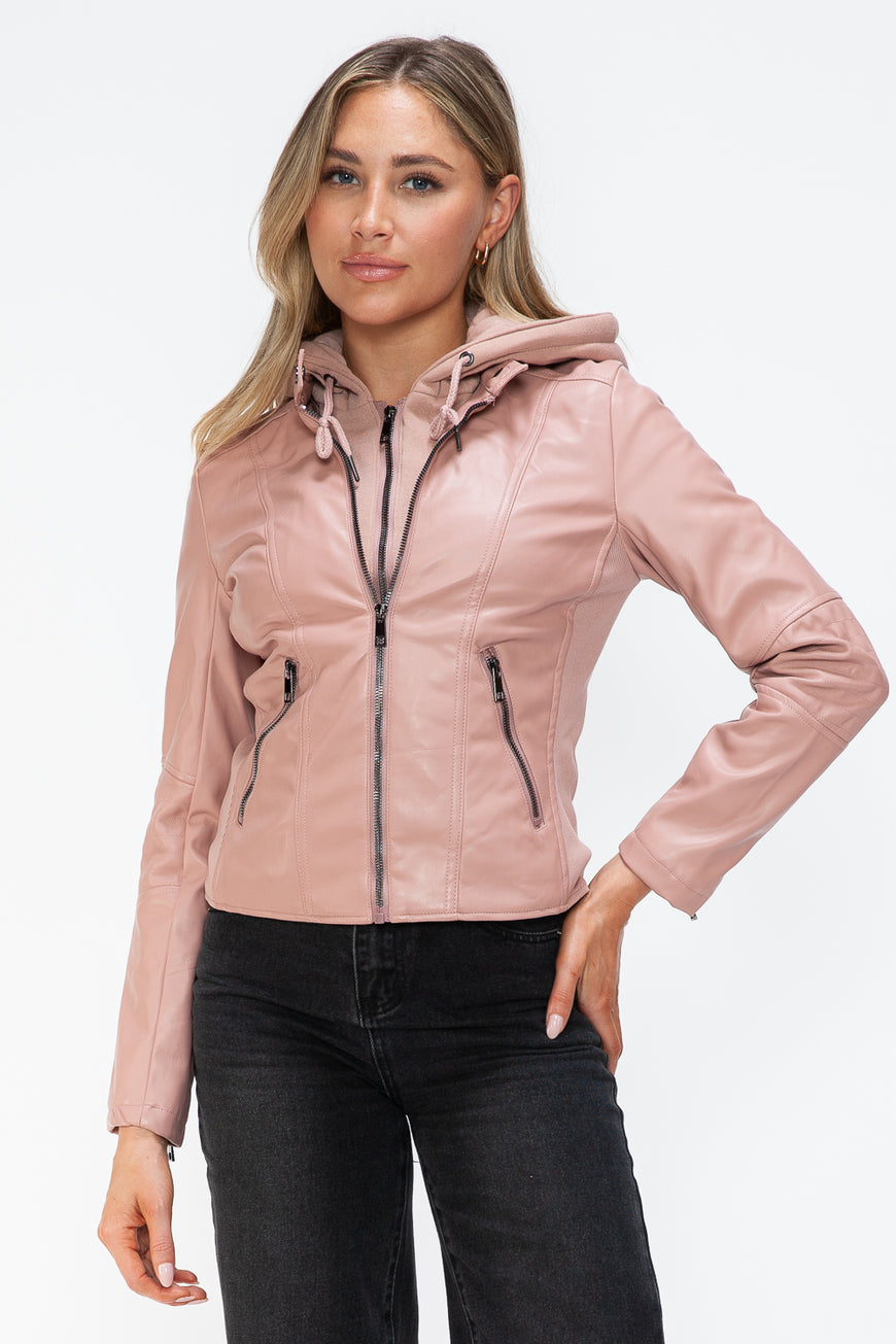 Snobbish Faux Leather Zip Up Drawstring Hooded Jacket - TopFashionHQ