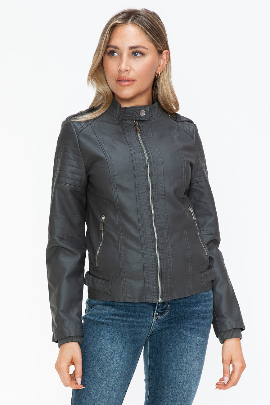 Snobbish PU Leather Biker Jacket with Side Zip Pockets - TopFashionHQ
