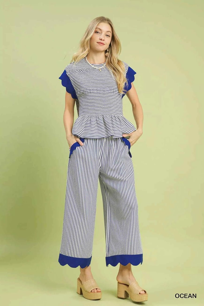 Umgee Stripe Scallop Hem Wide Leg Pants
