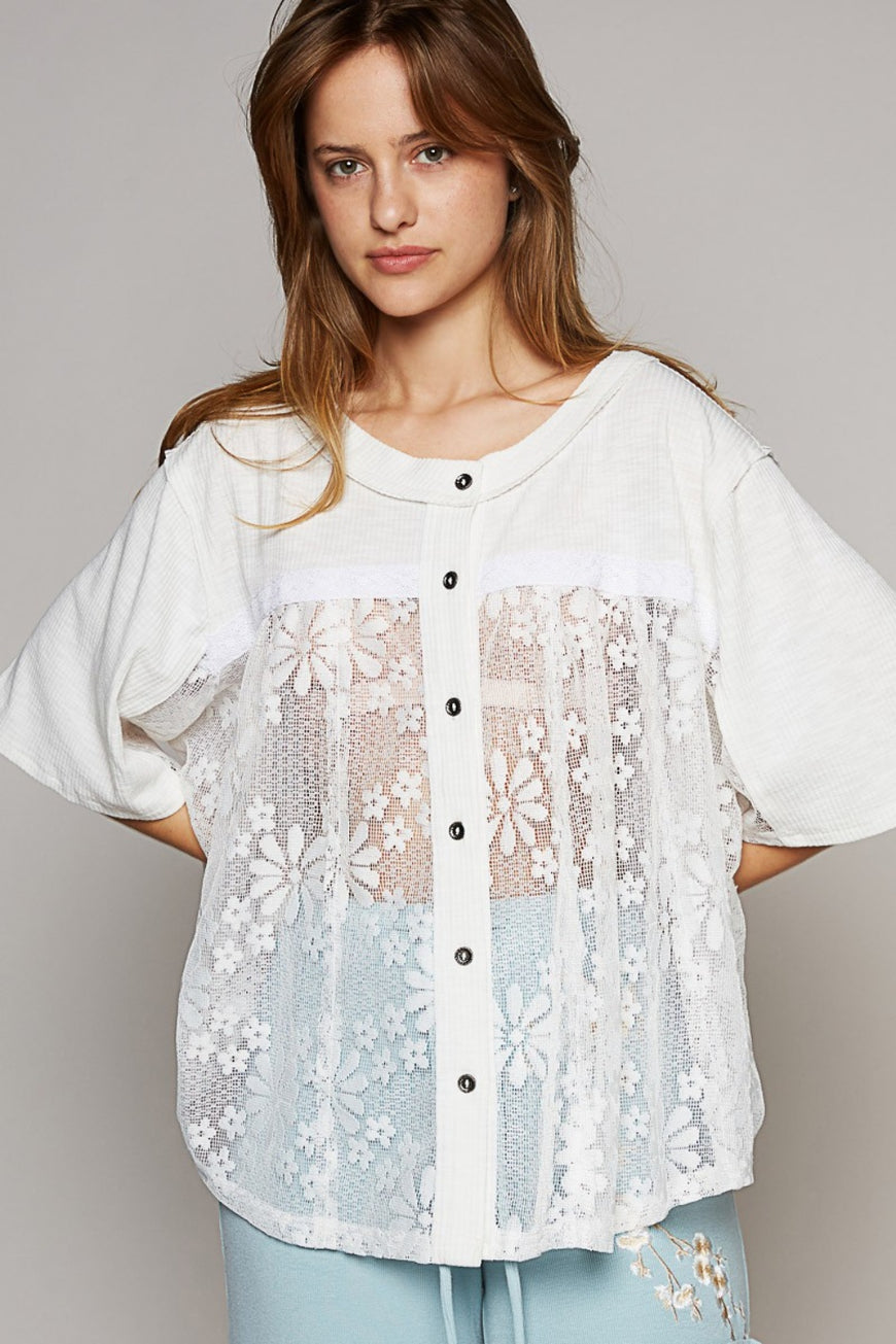 POL Round Neck Short Sleeve Lace Top - TopFashionHQ