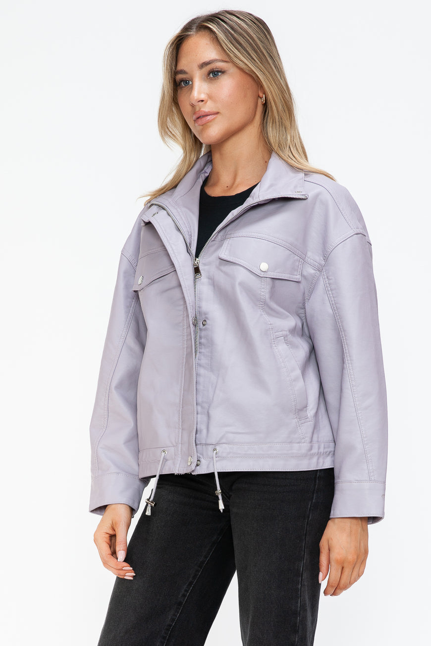 How Dare U Drawstring Hem PU Leather Zip Up Jacket - TopFashionHQ