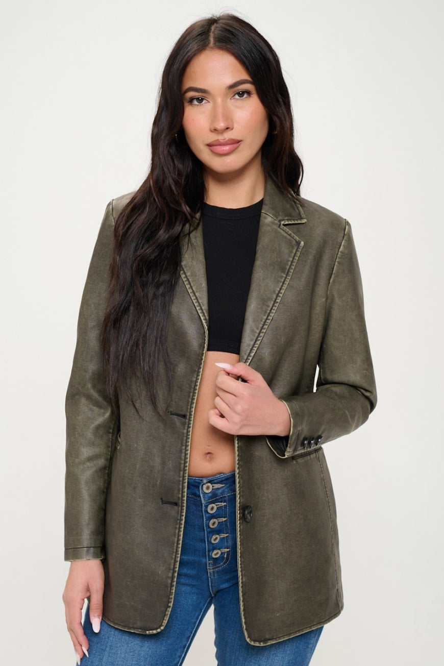 Coalition LA Single-Breasted Vegan Leather Blazer - TopFashionHQ