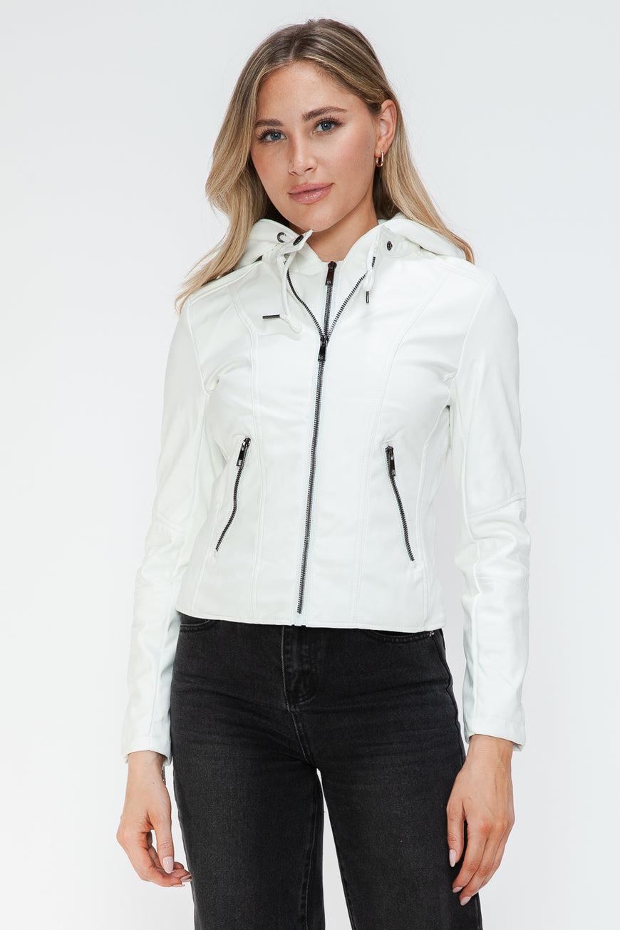 Snobbish Faux Leather Zip Up Drawstring Hooded Jacket - TopFashionHQ