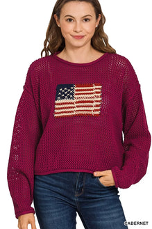 Zenana American Flag Crew Neck Sweater