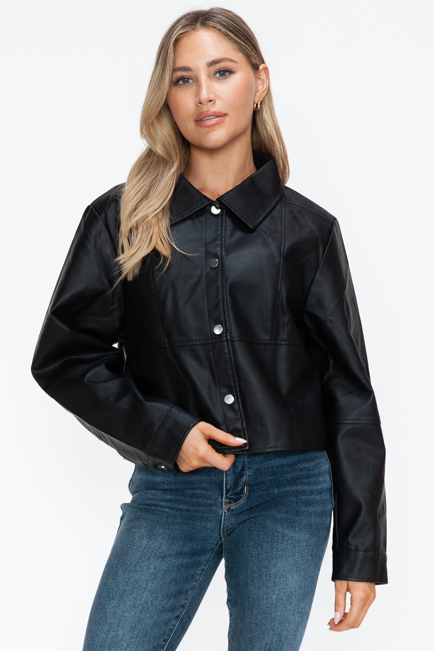 Snobbish Snap Down Long Sleeve PU Leather Jacket - TopFashionHQ