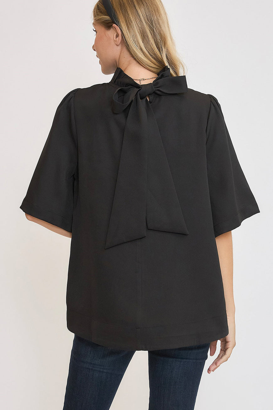 Umgee Bow Tie Back Mock Neck Half Sleeve Blouse - TopFashionHQ