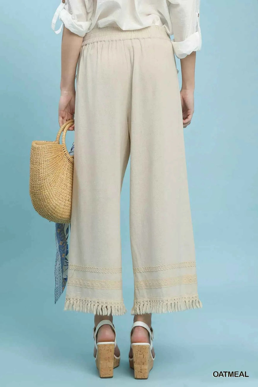 Umgee Lace Trim Fringe Hem Wide Leg Pants