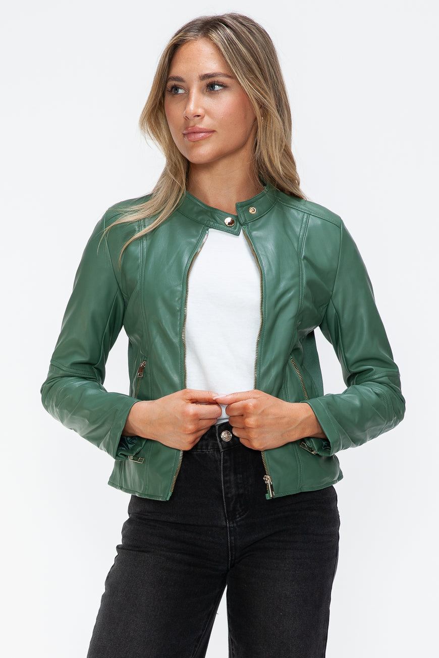 Snobbish Faux Leather Zip Up Drawstring Hooded Jacket - TopFashionHQ