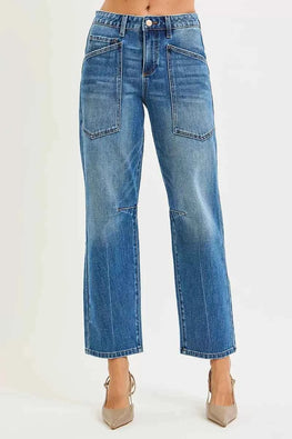 RISEN 4 Way Stretch Mid Rise Barrel Jeans with Patch Pocket Detail