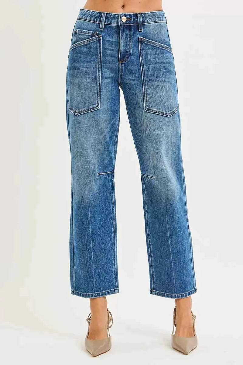 RISEN 4 Way Stretch Mid Rise Barrel Jeans with Patch Pocket Detail