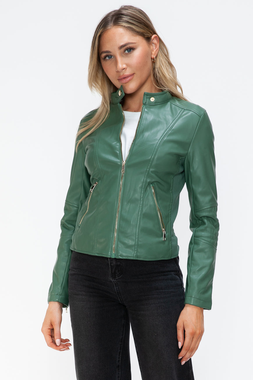 Snobbish Faux Leather Zip Up Drawstring Hooded Jacket - TopFashionHQ