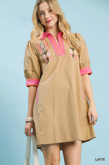 Umgee Embroidered Contrast Trim Tunic Dress