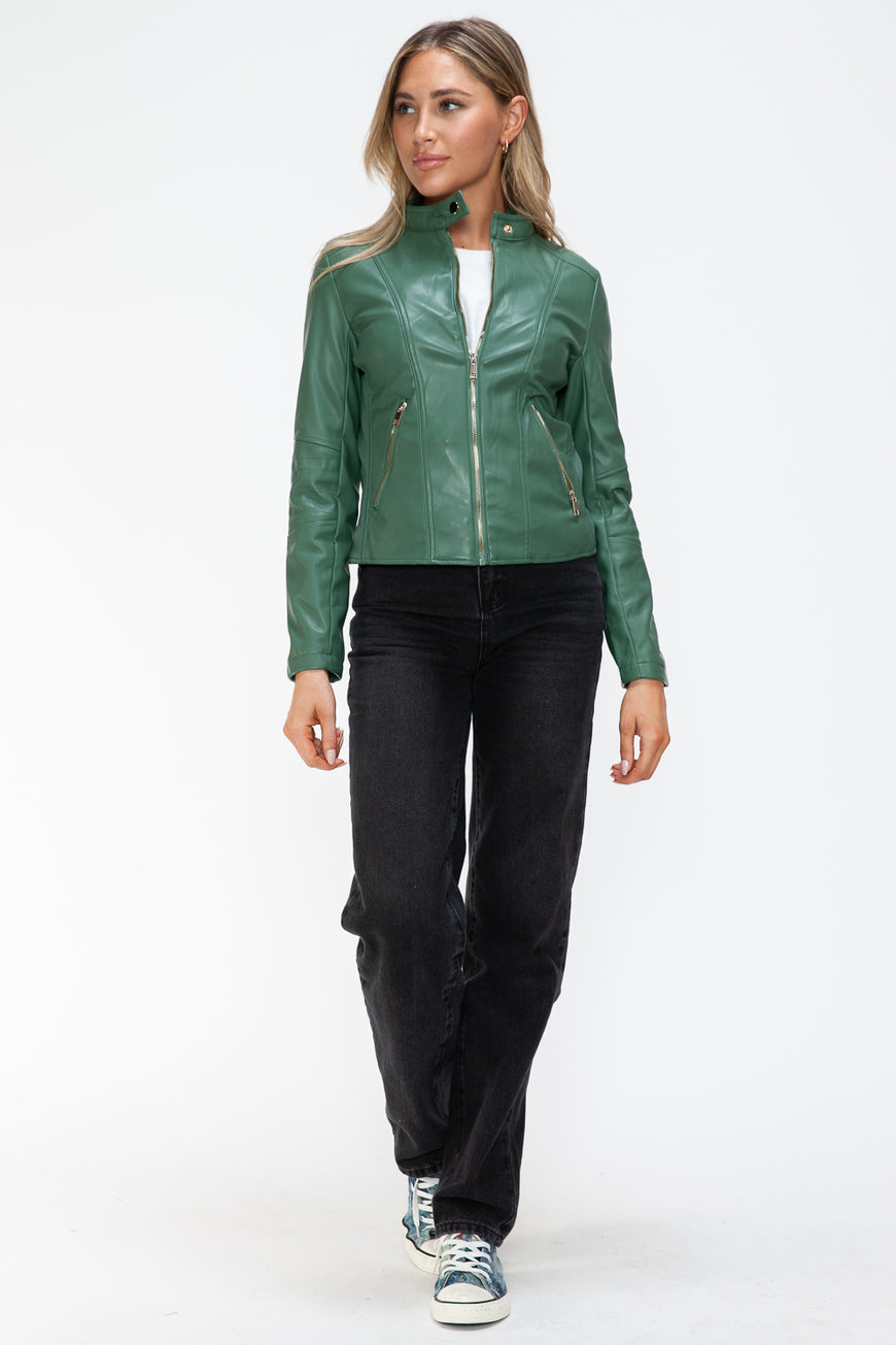 Snobbish Faux Leather Zip Up Drawstring Hooded Jacket - TopFashionHQ