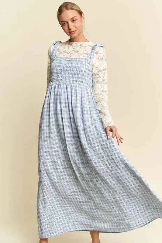Davi & Dani Plaid Smocking Sleeveless Maxi Dress