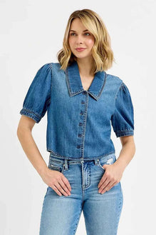 RISEN Button Down Puff Sleeve Crop Denim Shirt