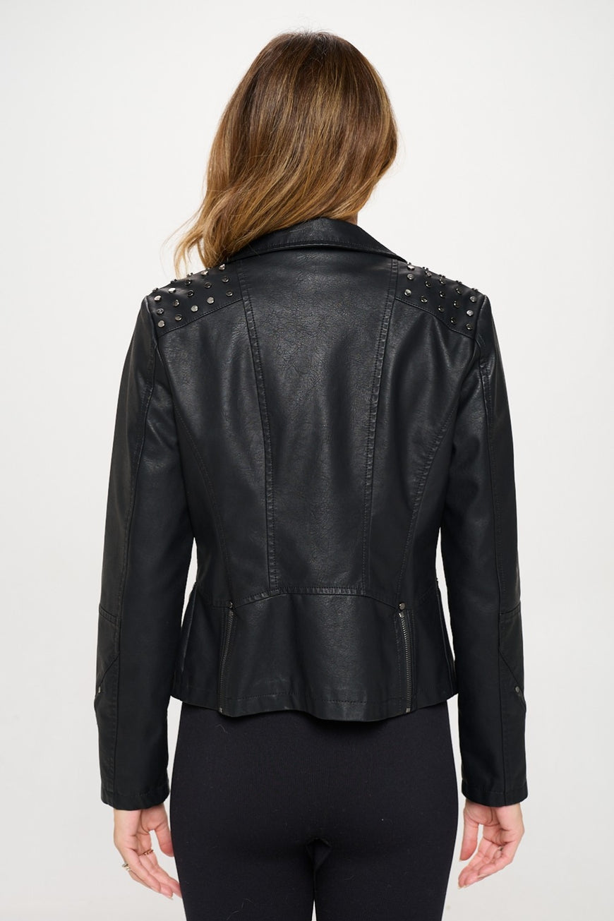 Coalition LA Studded Classic Moto Faux Leather Jacket - TopFashionHQ
