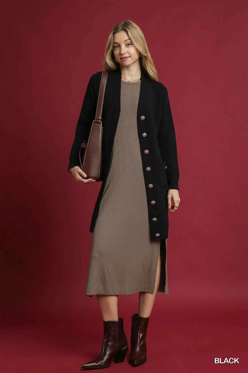 Umgee Button-Down Longline Sweater Cardigan with Front Pockets