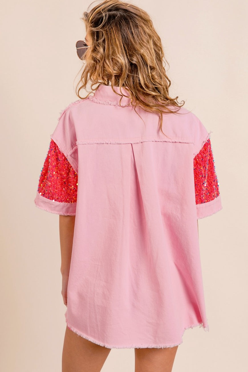 BiBi Sequin Detail Raw Hem Short Sleeve Shirt - TopFashionHQ