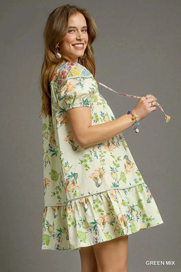 Umgee Floral Print Tie Neck Puff Sleeve Dress