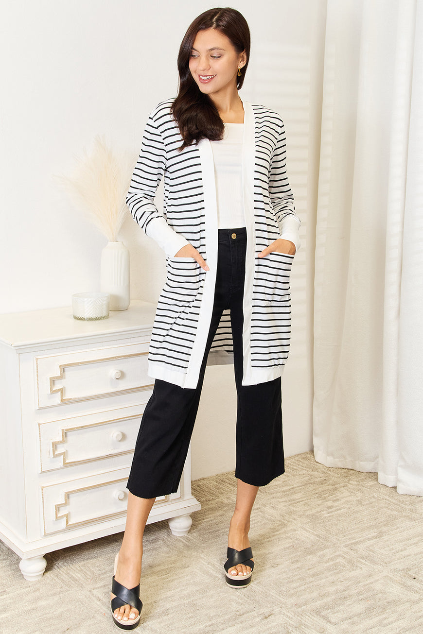 Double Take Striped Open Front Longline Cardigan - TopFashionHQ