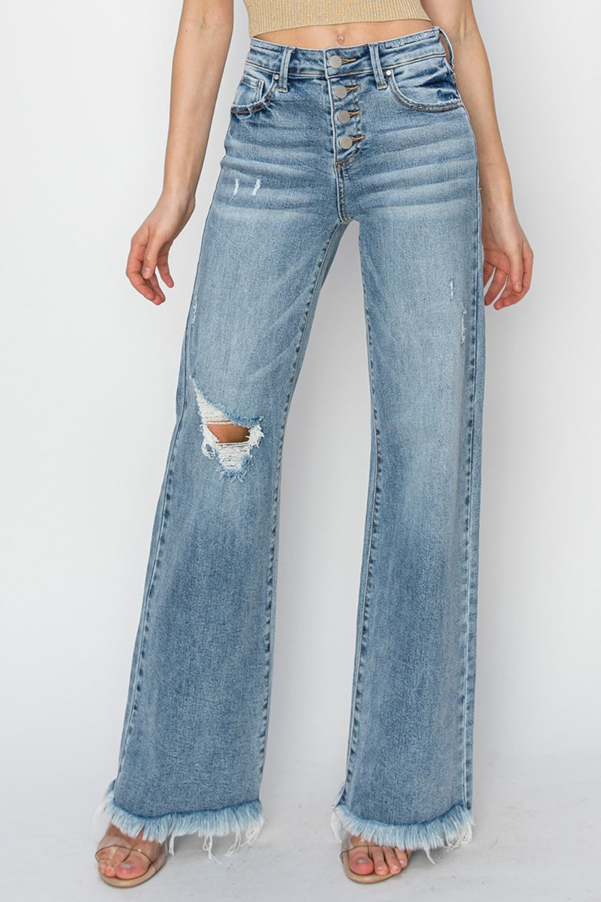 RISEN Mid Rise Button Fly Wide Leg Jeans