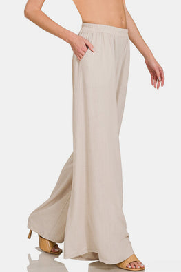 Zenana Pleated Linen Blend Wide Leg Pants