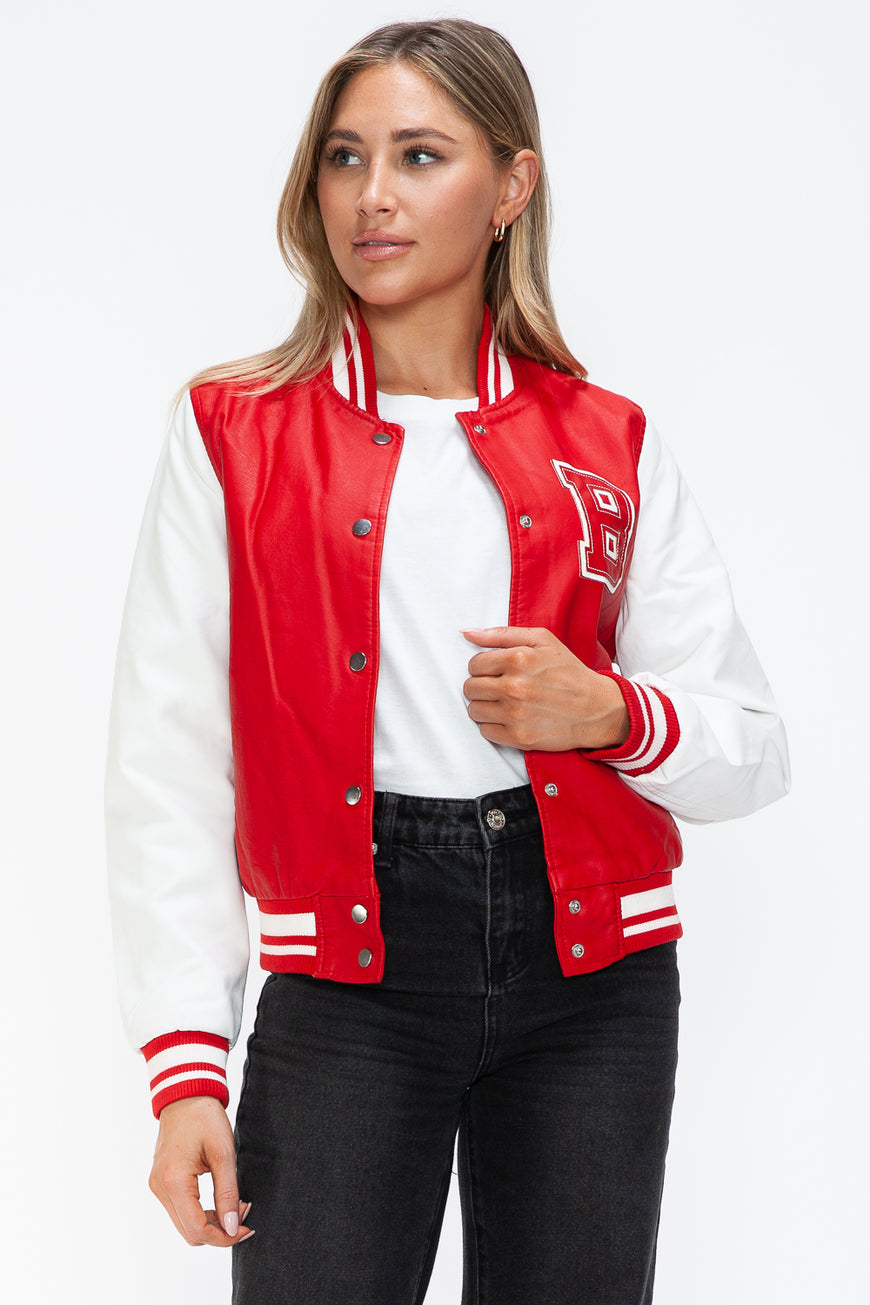 Love Me Now PU Leather Contrast Snap Down Bomber Jacket - TopFashionHQ