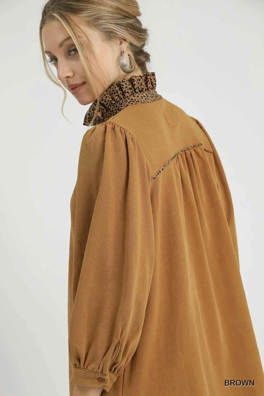 Umgee French Terry Balloon Sleeve Shift Dress with Leopard Print Detail