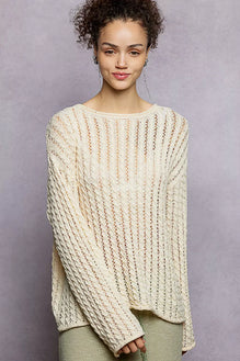 POL Openwork Round Neck Knit Top with Shiny Detail