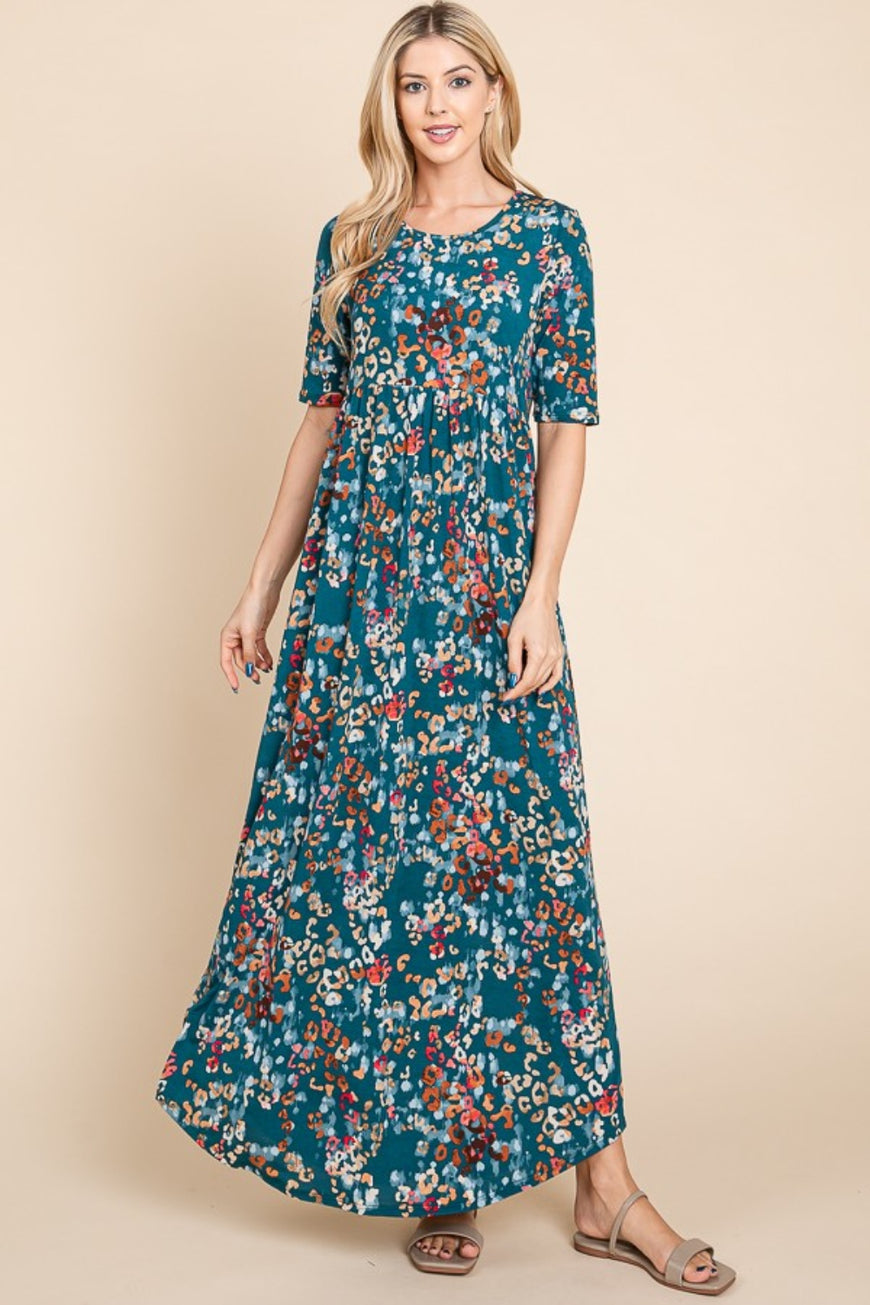 BOMBOM Printed Shirred Maxi Dress - TopFashionHQ