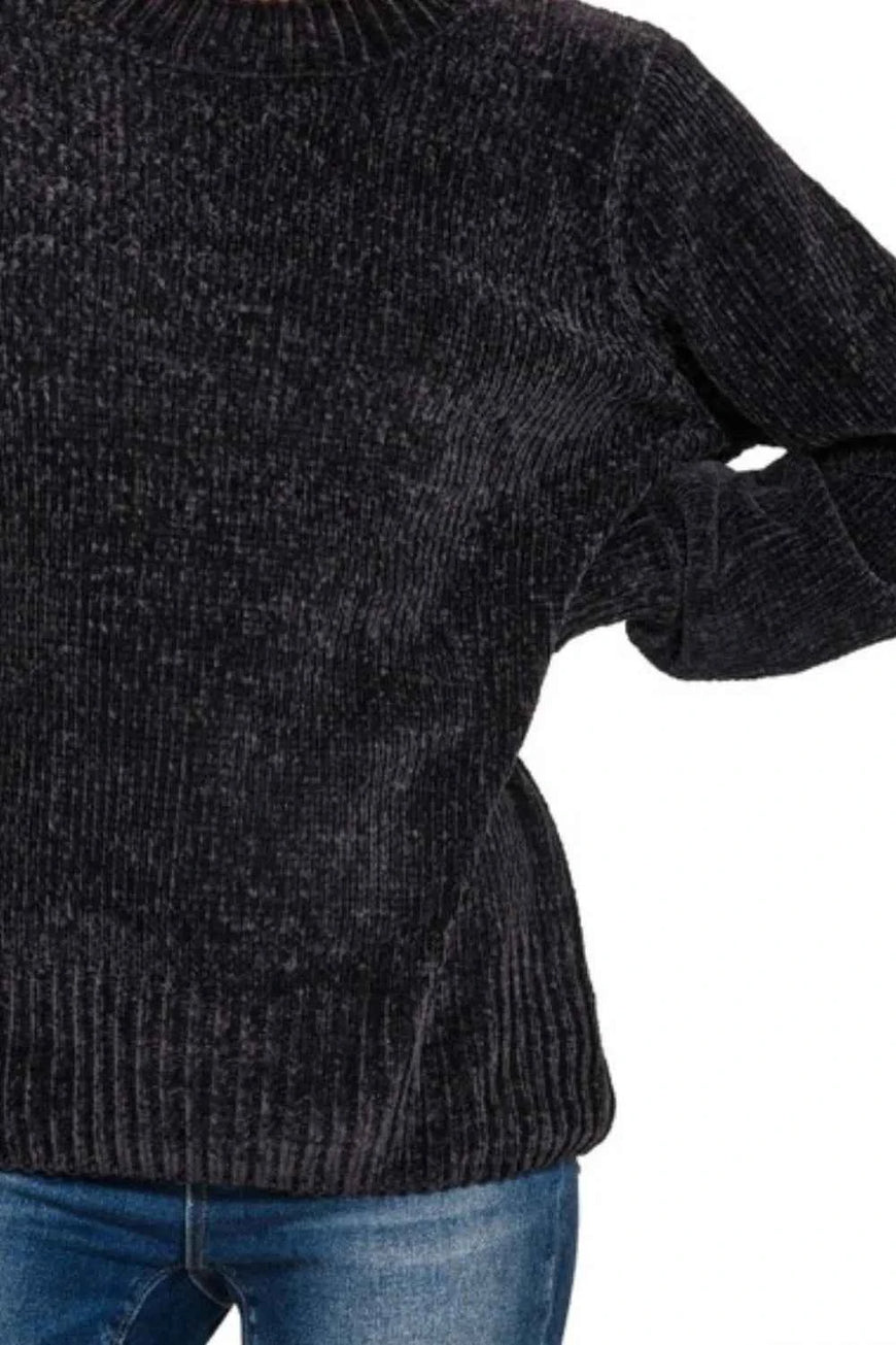 Zenana Round Neck Balloon Sleeve Chenille Sweater