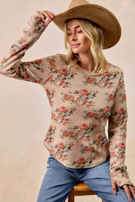 BiBi Floral Print Washed Waffle Thermal Top with Thumb