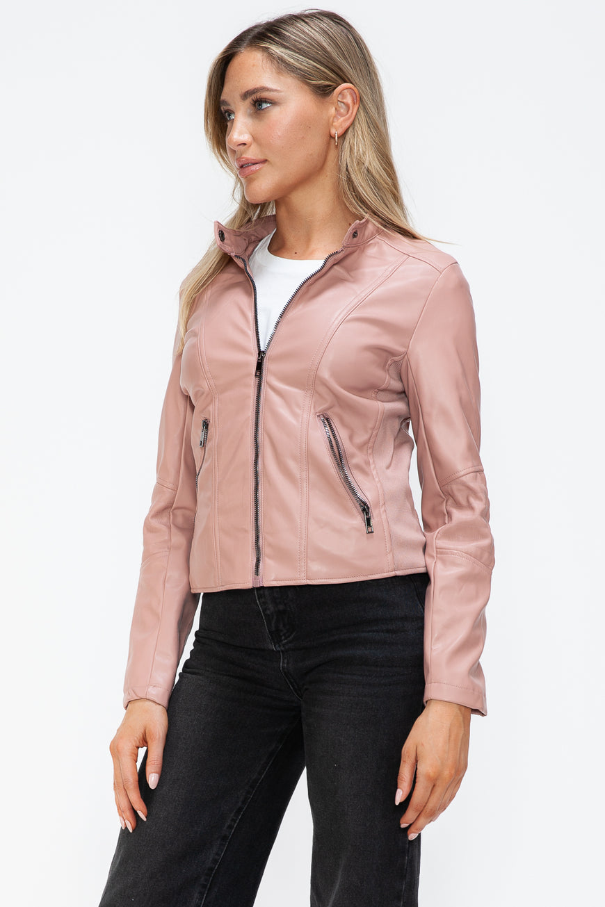 Snobbish Faux Leather Zip Up Drawstring Hooded Jacket - TopFashionHQ