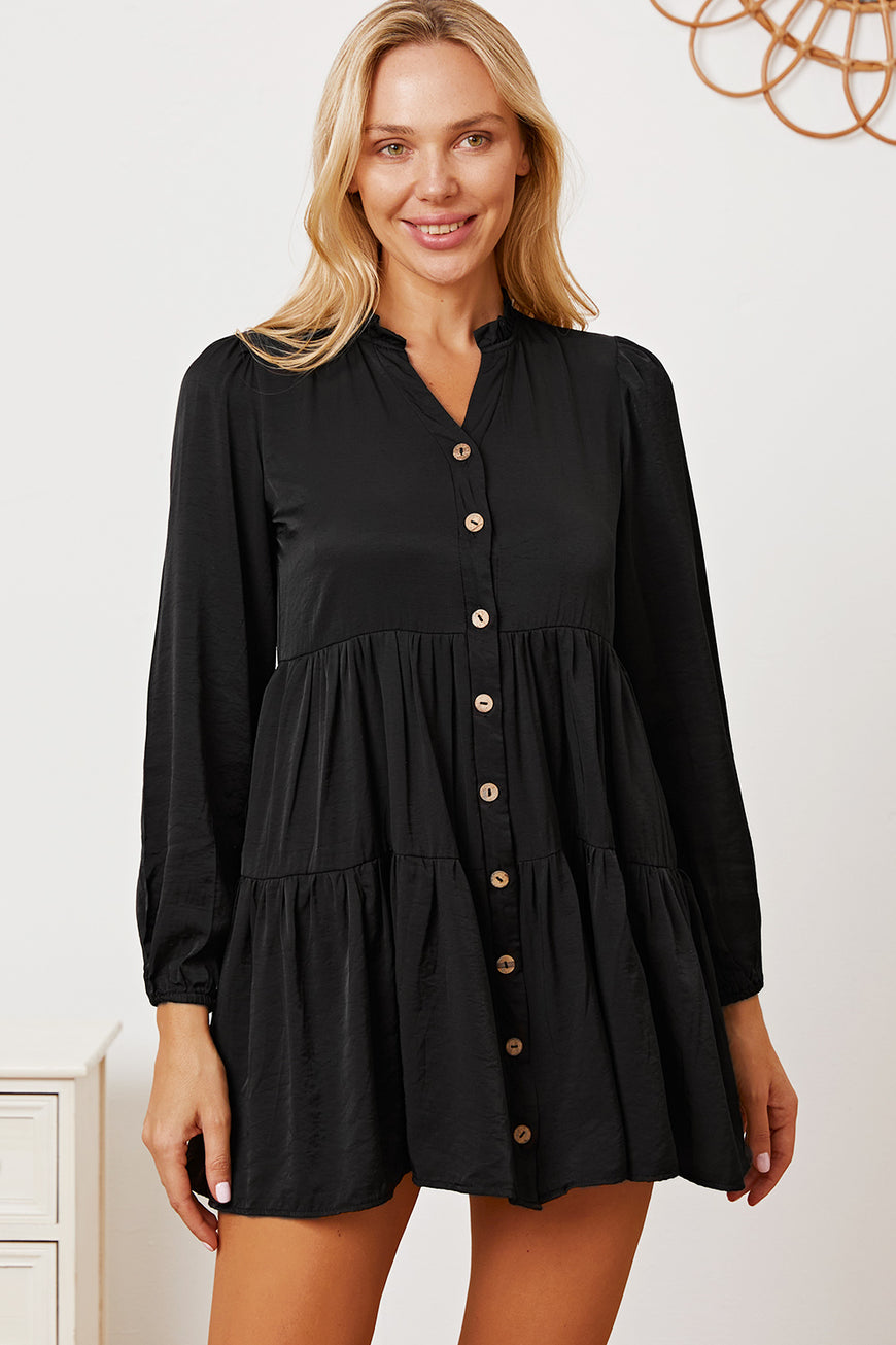 Ruffled Button Up Long Sleeve Tiered Shirt - TopFashionHQ