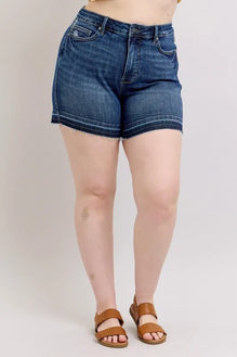 Judy Blue Plus Size HW Tummy Control Destroy Release Hem Denim Shorts