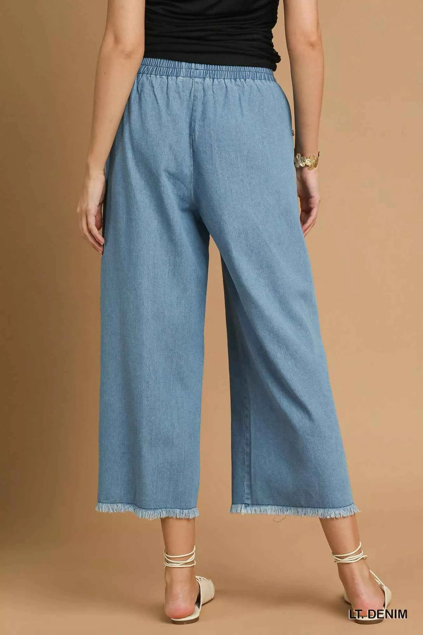 Umgee Washed Fringe Hem Wide Leg Jeans