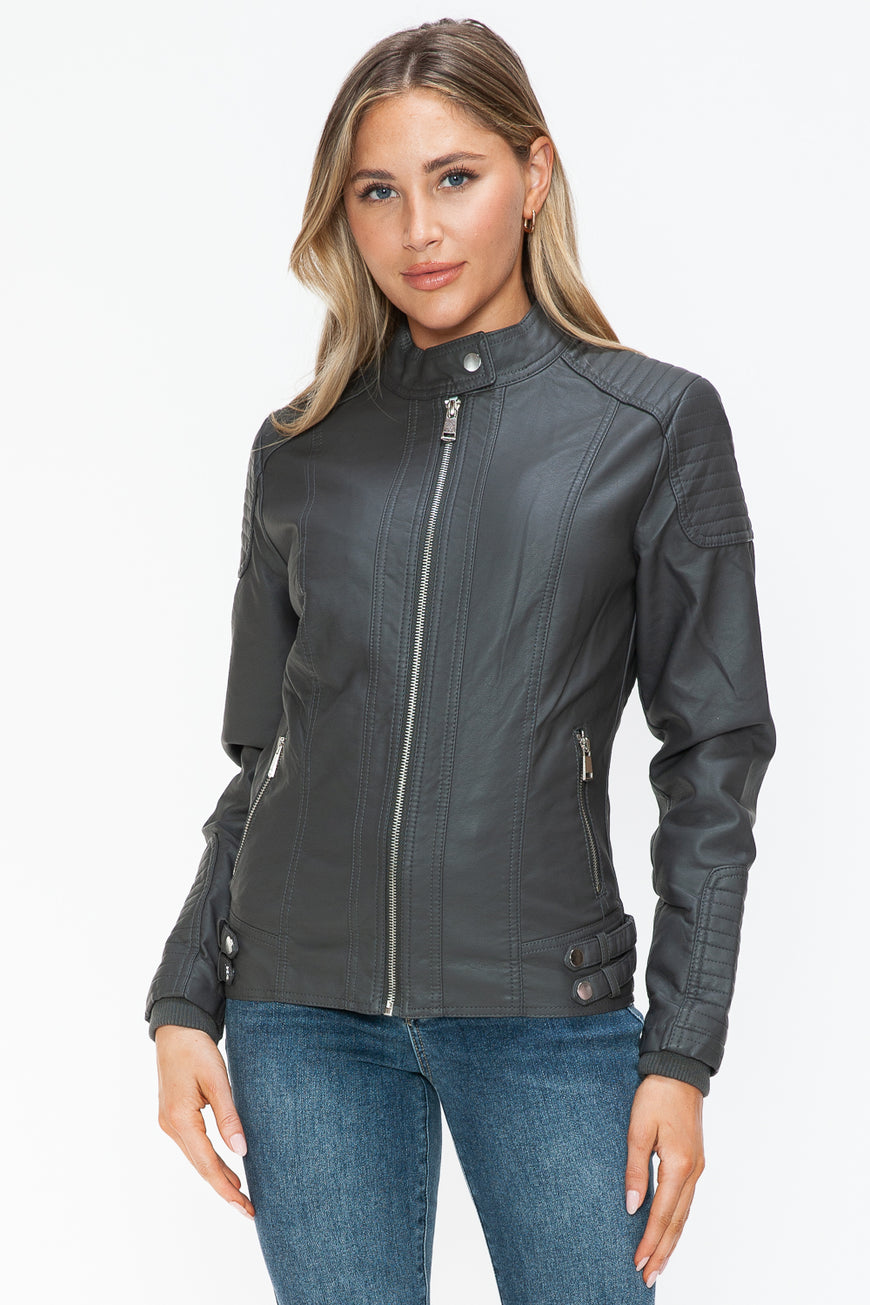 Snobbish Faux Leather Biker Jacket with Side Zip Pockets - TopFashionHQ