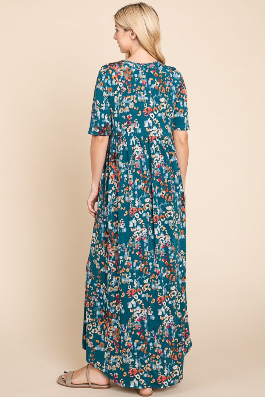 BOMBOM Printed Shirred Maxi Dress - TopFashionHQ
