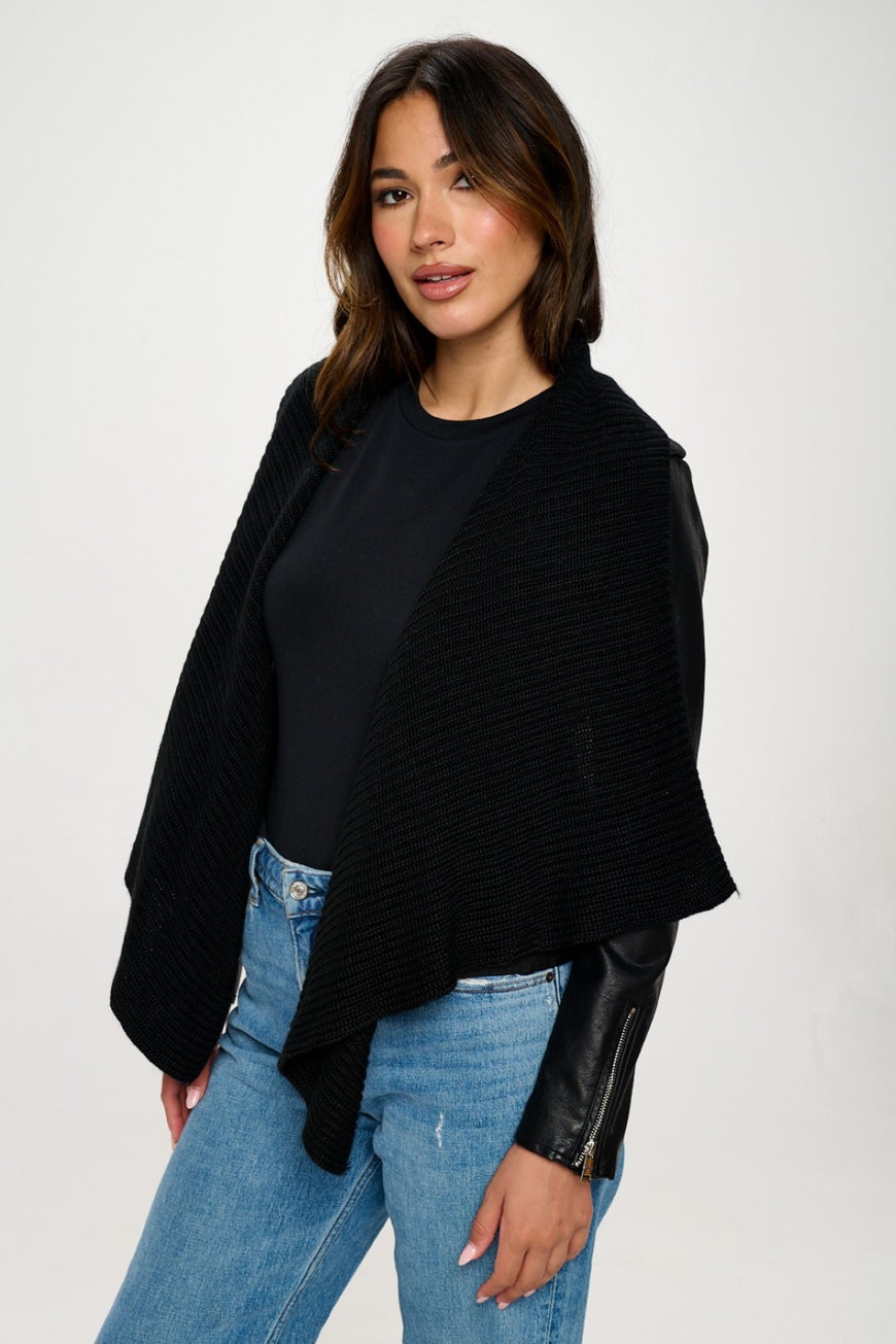 Coalition LA Knit Collared Faux Leather Crop Jacket - TopFashionHQ