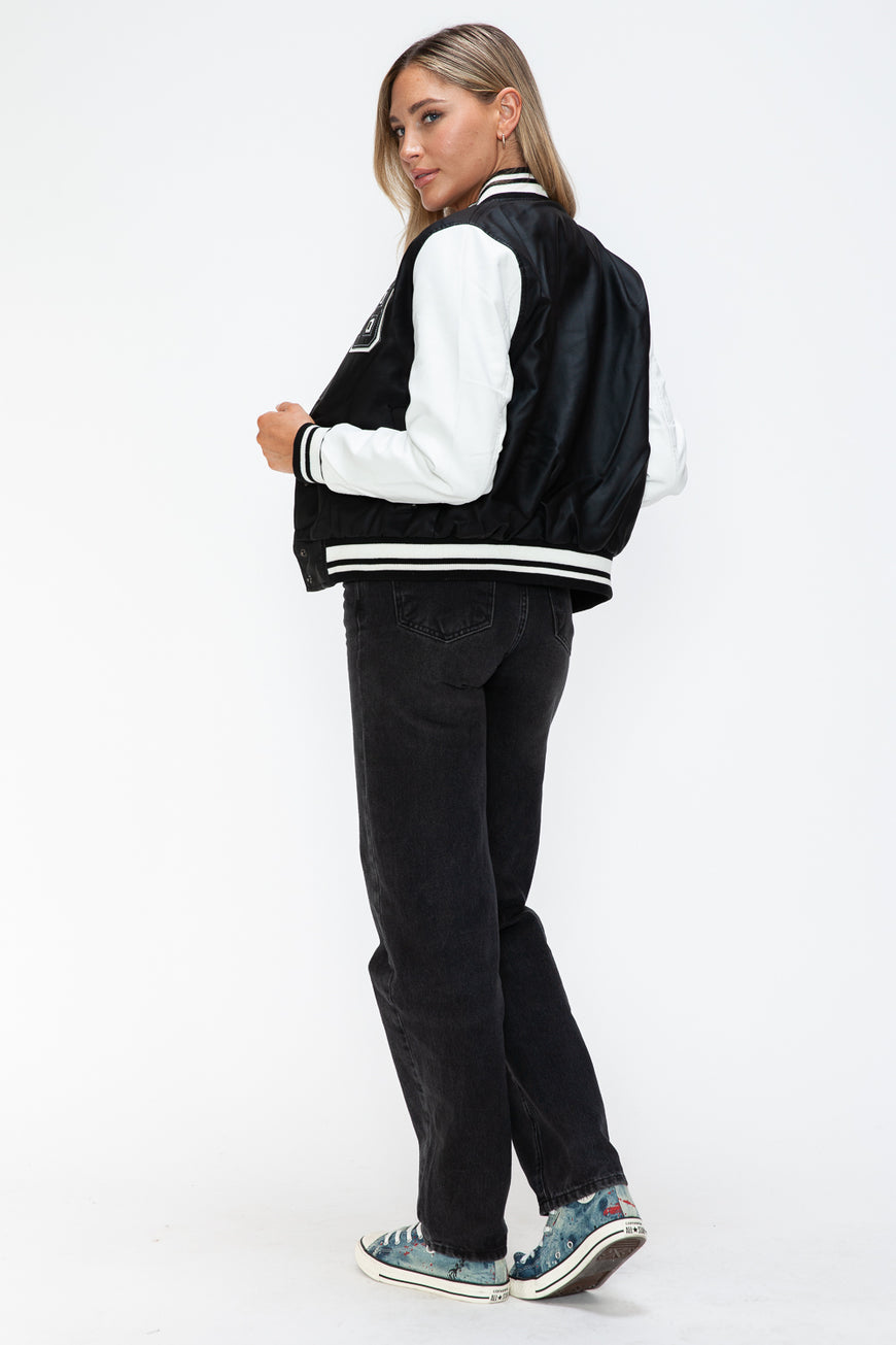 Love Me Now PU Leather Contrast Snap Down Bomber Jacket - TopFashionHQ