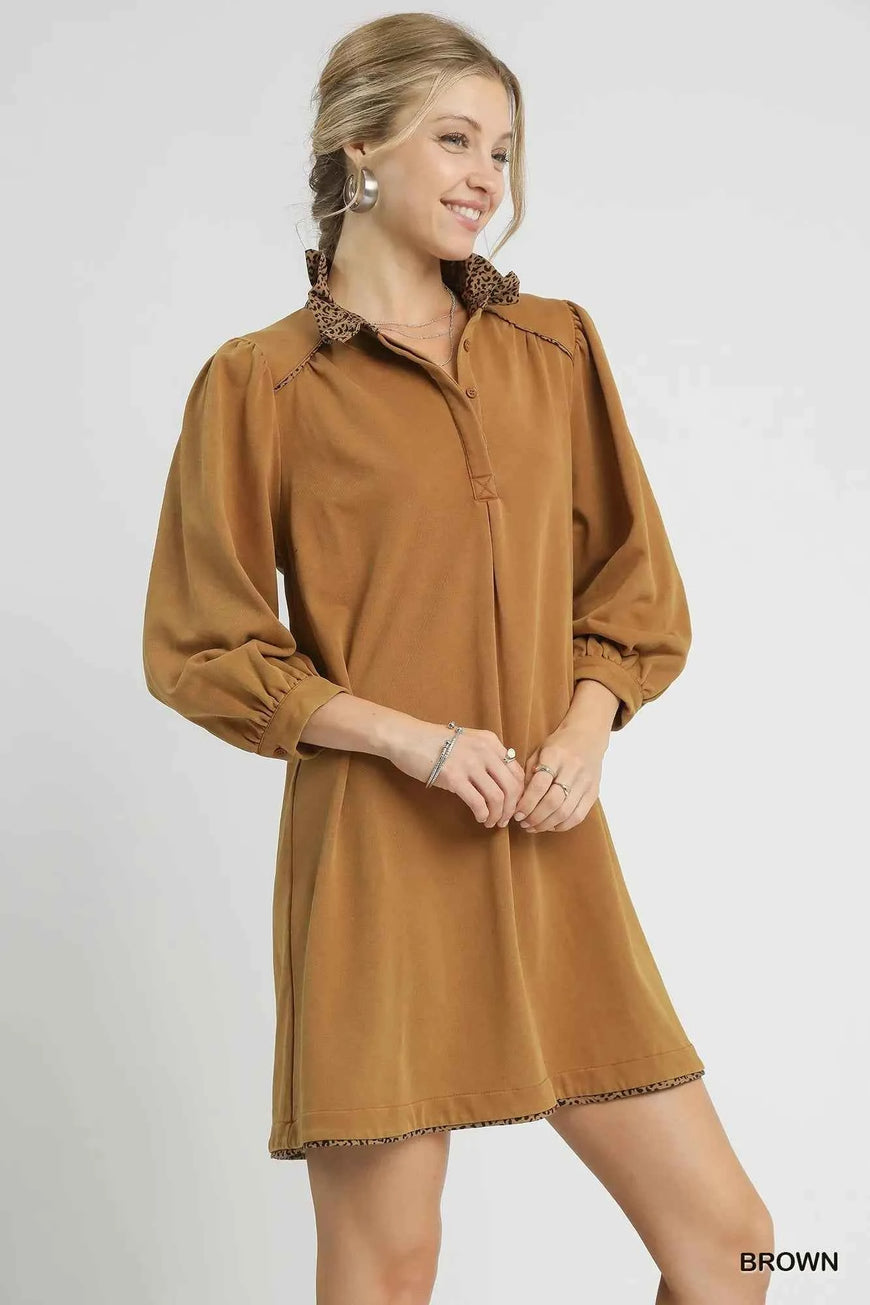 Umgee French Terry Balloon Sleeve Shift Dress with Leopard Print Detail