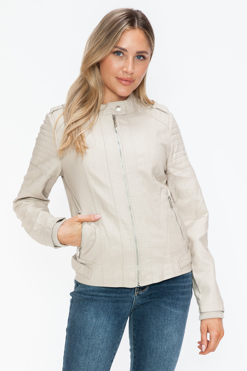 Snobbish PU Leather Biker Jacket with Side Zip Pockets - TopFashionHQ