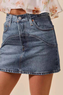 SO ME Washed Denim Mini Skirt with Pockets