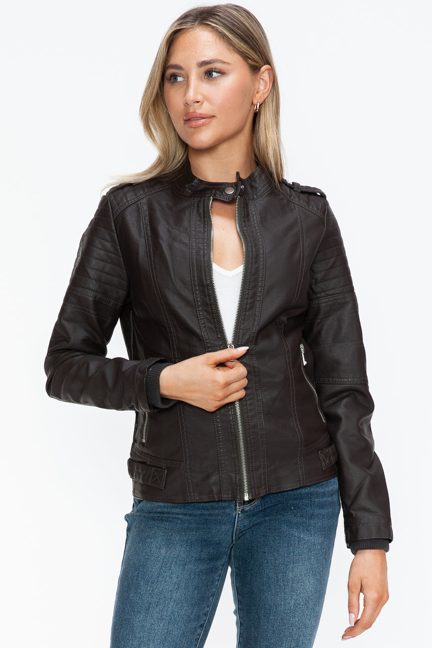 Snobbish PU Leather Biker Jacket with Side Zip Pockets - TopFashionHQ