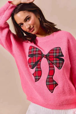 SO ME Checker Plaid Ribbon Christmas Holiday Sweater