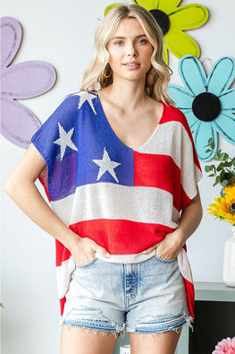 First Love Full Size USA Flag Drop Shoulder Knit Top - TopFashionHQ