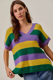 SO ME Mardi Gras Loose Fit V Neck Stripe Sweater Top