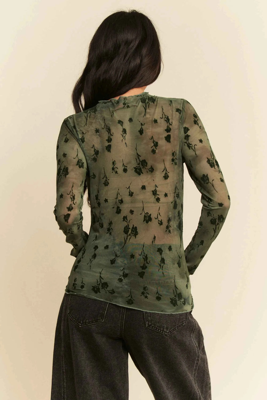 Davi & Dani Floral Mesh Long Sleeve Sheer Layering Top